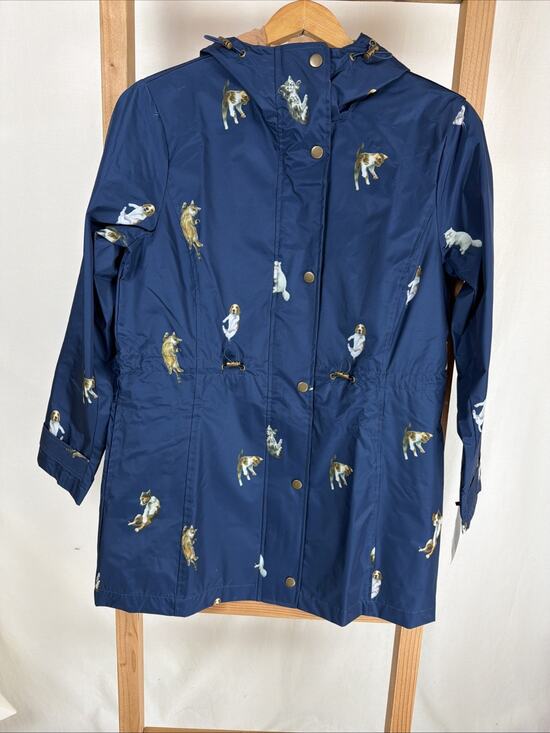 Galleria Jackets & Blazers - NWT Galleria Navy Cat Dog Print Long Sleeve Hooded Mid Length Raincoat Size S